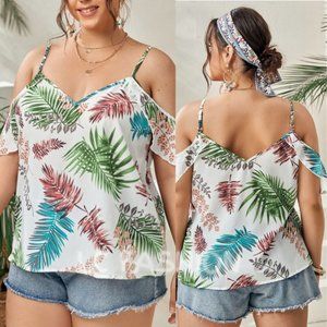 Plus Boho Tropical Top, Summer shirt , Boho Floral Cold Shoulder Tropical Top